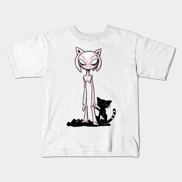 Cosmic Feline Encounter - Pink Alien and Black Cat Delight Kids T-Shirt by Rishirt